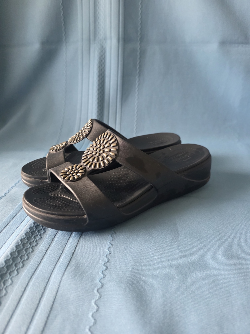Crocs Women's Monterey Diamante Wedge Slide Sandals - Black/Bronze - Size 10